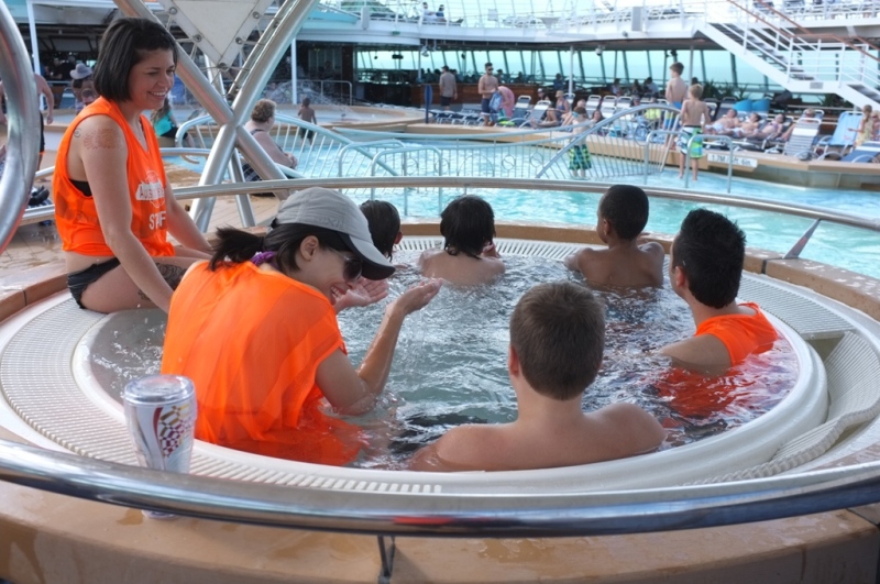 staf with kids in hotub